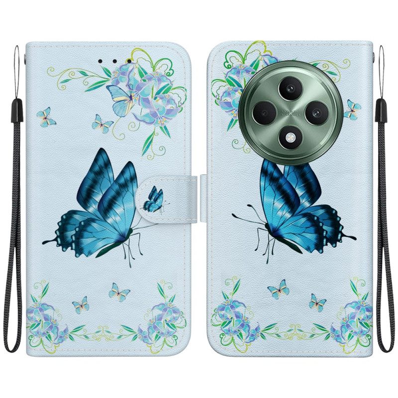 Lederhüllen Oppo Reno 12f 5g Blauer Schmetterling Und Blumen Mit Riemen