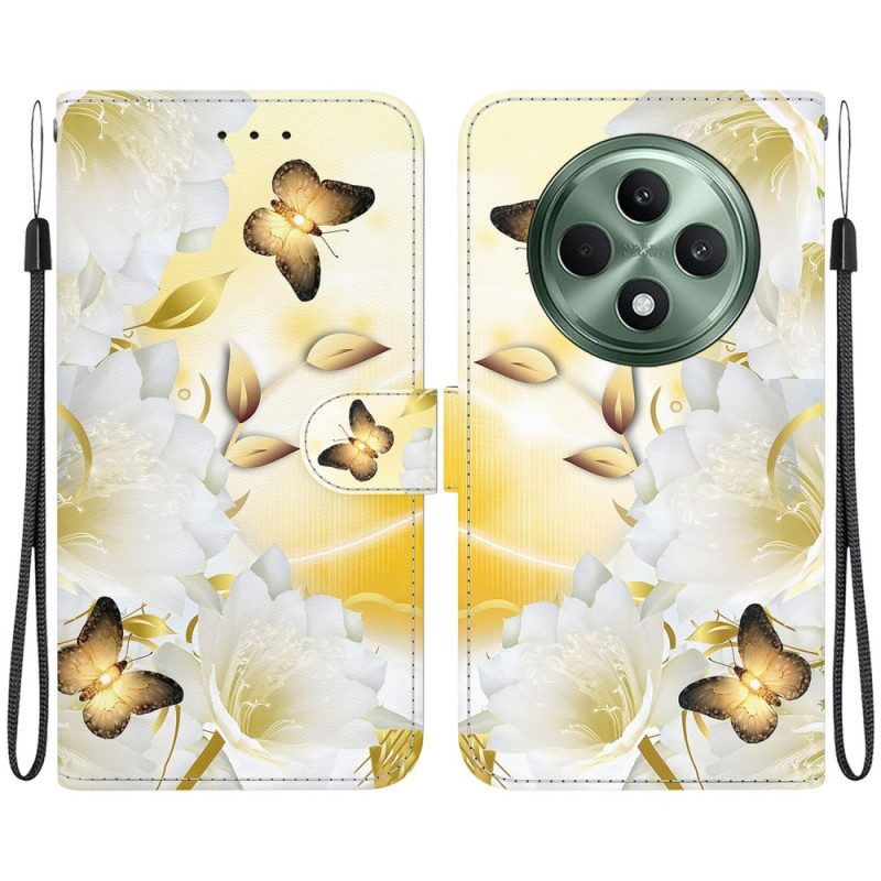 Lederhüllen Oppo Reno 12f 5g Goldene Schmetterlinge Und Blumen Mit Riemen