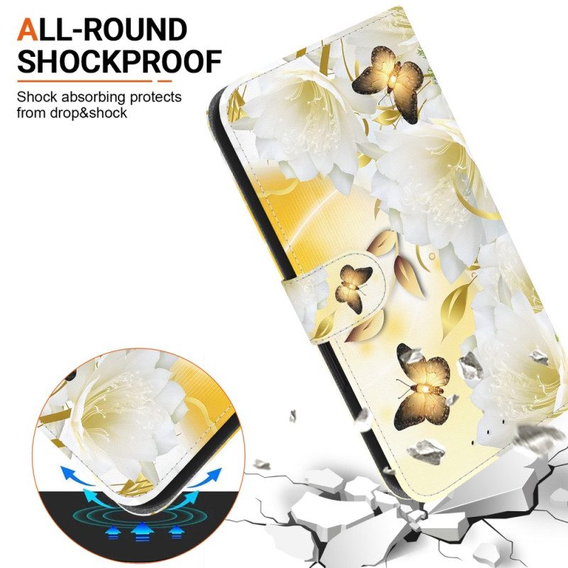 Lederhüllen Oppo Reno 12f 5g Goldene Schmetterlinge Und Blumen Mit Riemen