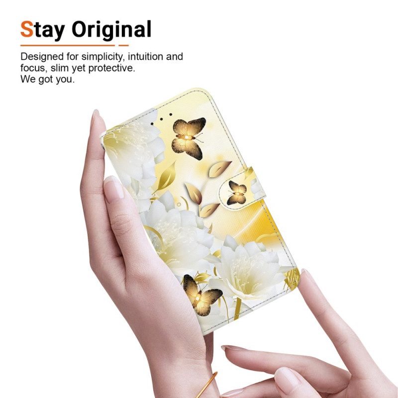 Lederhüllen Oppo Reno 12f 5g Goldene Schmetterlinge Und Blumen Mit Riemen