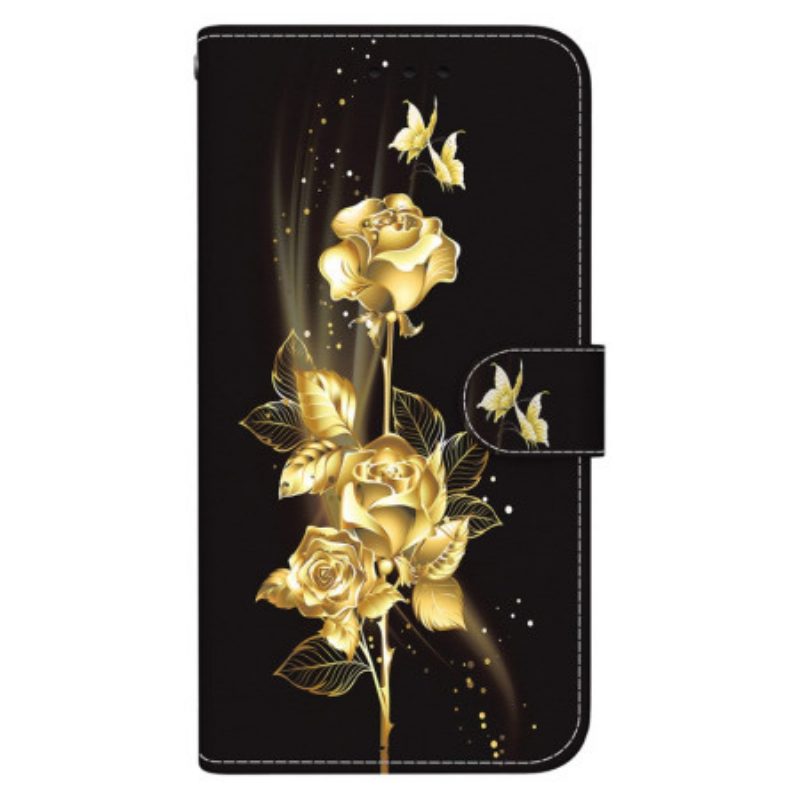 Lederhüllen Oppo Reno 12f 5g Goldene Und Rosa Schmetterlinge Mit Riemen