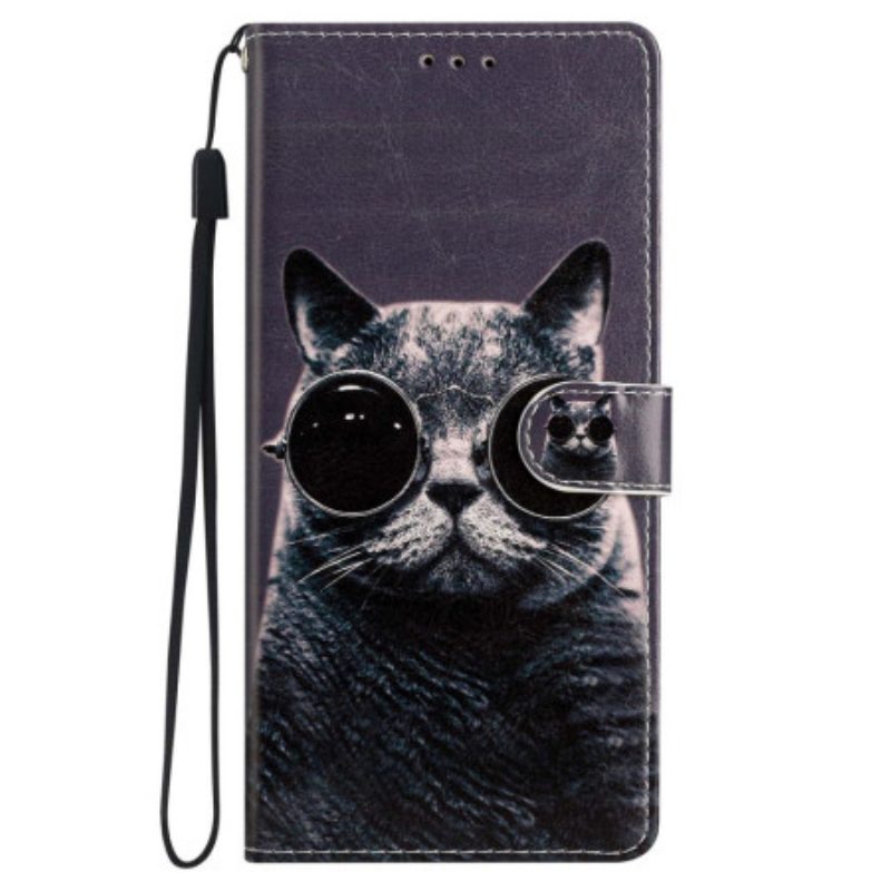 Flip Case Für iPhone 15 Plus Mit Kordel Katze Mit Bügelbrille