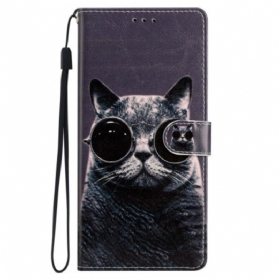 Flip Case Für iPhone 15 Plus Mit Kordel Katze Mit Bügelbrille