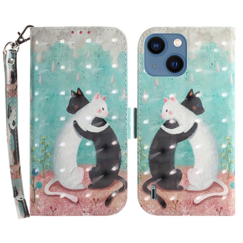 Flip Case Für iPhone 15 Plus Mit Kordel Schwarze Katze. Weiße Katze Mit Riemen