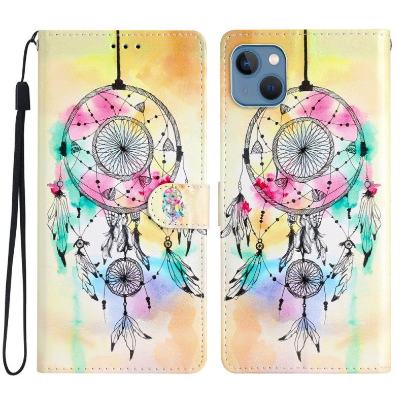 Lederhüllen Für iPhone 15 Plus Mit Kordel Aquarell-traumfänger Mit Riemen