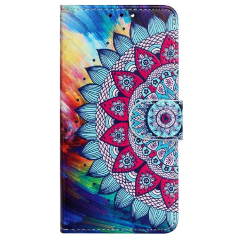 Lederhüllen Für iPhone 15 Plus Mit Kordel Buntes Mandala Mit Riemen