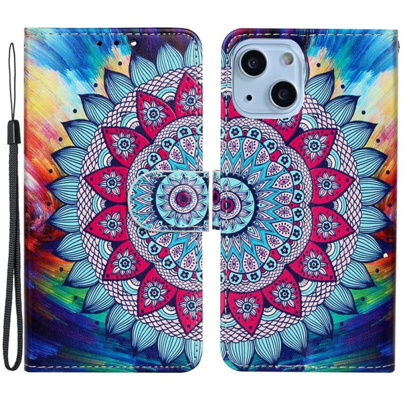 Lederhüllen Für iPhone 15 Plus Mit Kordel Buntes Mandala Mit Riemen