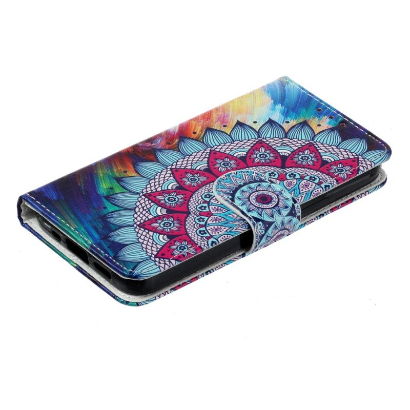 Lederhüllen Für iPhone 15 Plus Mit Kordel Buntes Mandala Mit Riemen