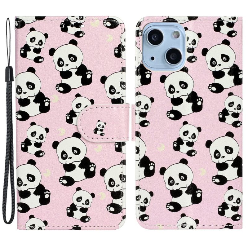 Lederhüllen Für iPhone 15 Plus Mit Kordel Kleine Pandas Mit Riemen