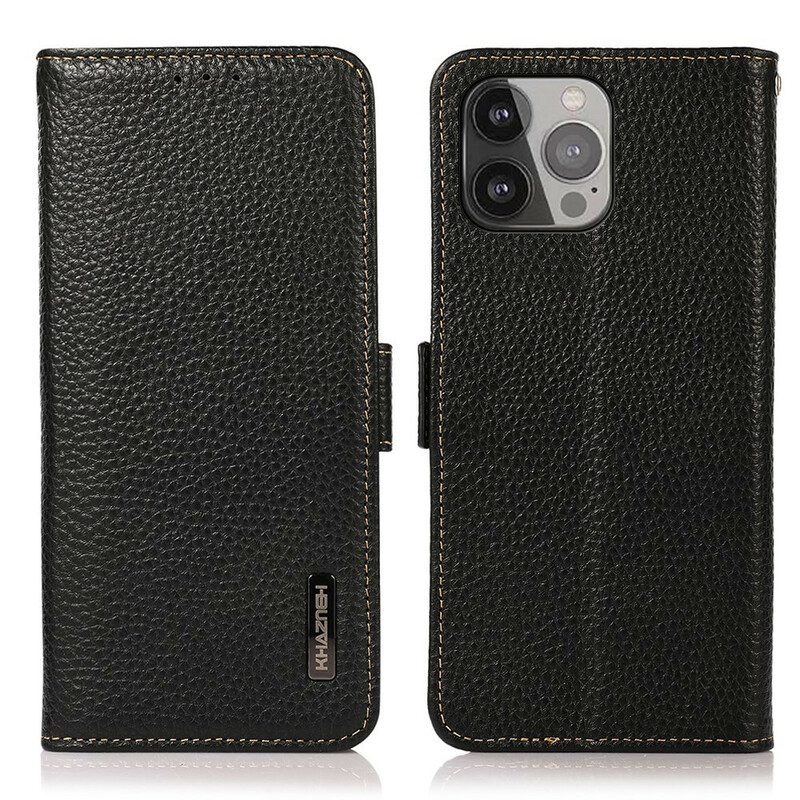 Flip Case Für iPhone 13 Pro Max Echtes Leder Litschi Khazneh