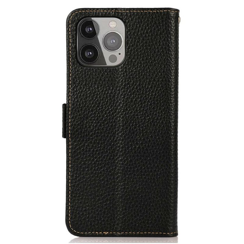 Flip Case Für iPhone 13 Pro Max Echtes Leder Litschi Khazneh