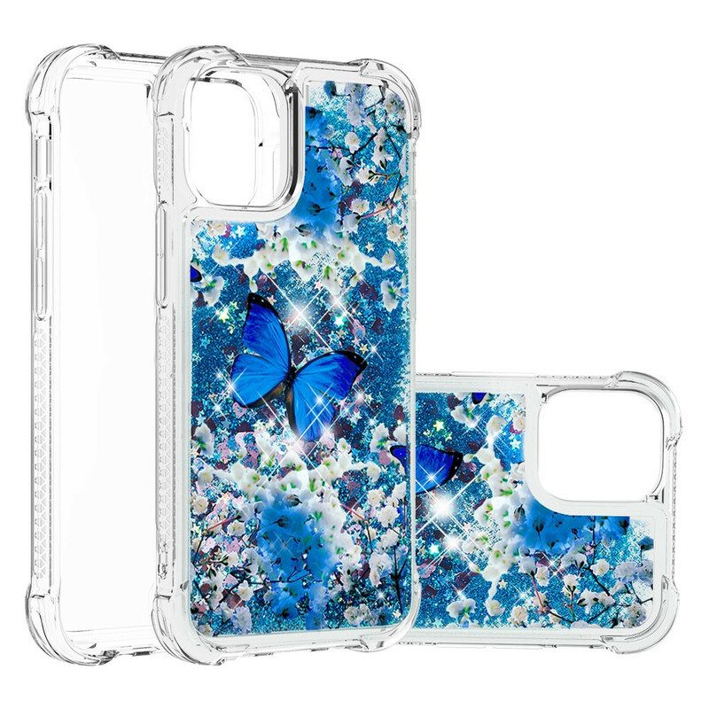 Hülle Für iPhone 13 Pro Max Glitzernde Blaue Schmetterlinge