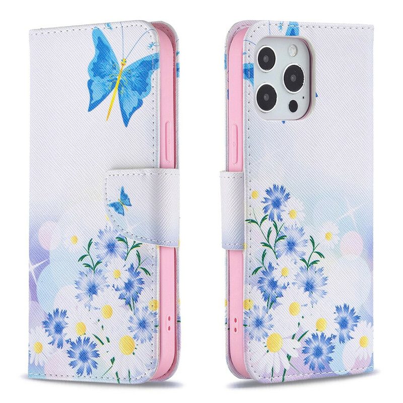 Lederhüllen Für iPhone 13 Pro Max Bemalte Schmetterlinge Und Blumen