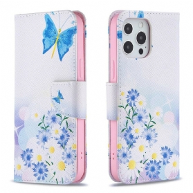 Lederhüllen Für iPhone 13 Pro Max Bemalte Schmetterlinge Und Blumen