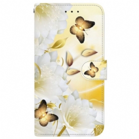 Lederhüllen Motorola Edge 50 Ultra Handyhülle Goldene Schmetterlinge Und Weiße Blumen Mit Riemen