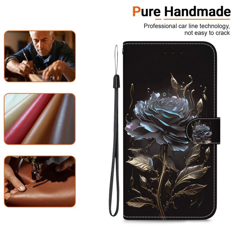 Lederhüllen Motorola Edge 50 Ultra Handyhülle Schwarze Rose Mit Riemen