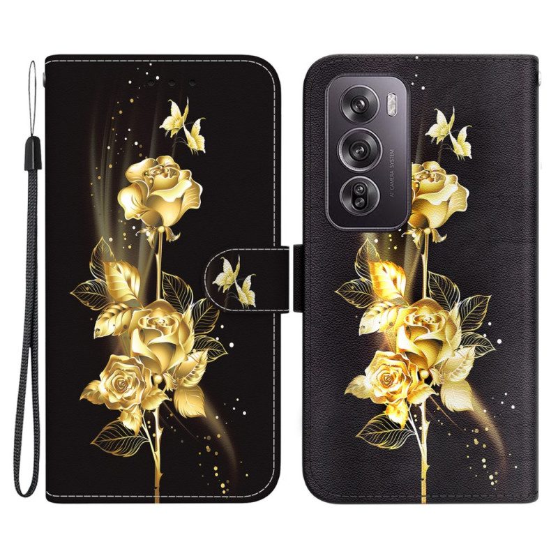 Lederhüllen Oppo Reno 12 Pro 5g Schmetterling In Gold Und Rosa Mit Riemen