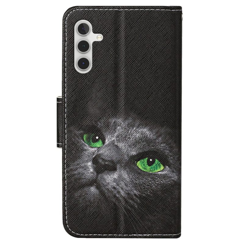 Lederhüllen Samsung Galaxy A15 5g Grünäugige Katze Mit Riemen