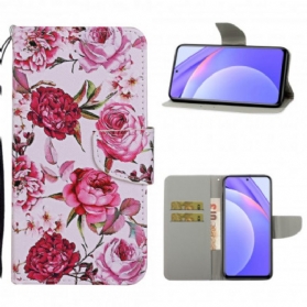 Lederhüllen Für Xiaomi Redmi Note 9 Pro 5G Meisterhafte Blumen Mit Riemen