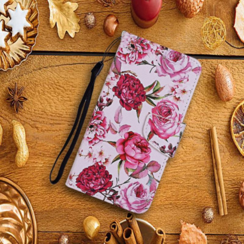 Lederhüllen Für Xiaomi Redmi Note 9 Pro 5G Meisterhafte Blumen Mit Riemen