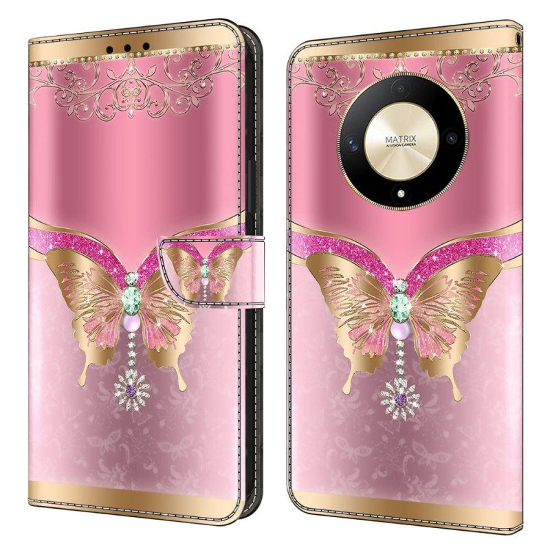 Lederhüllen Für Honor X9b / Magic 6 Lite Rosa-goldener Schmetterling