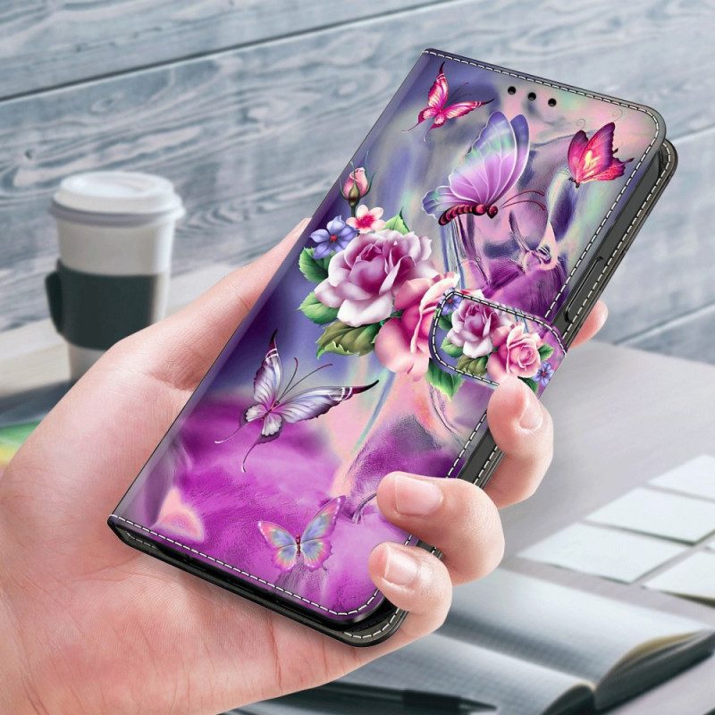 Lederhüllen Für Honor X9b / Magic 6 Lite Schmetterlinge Und Lila Blumen