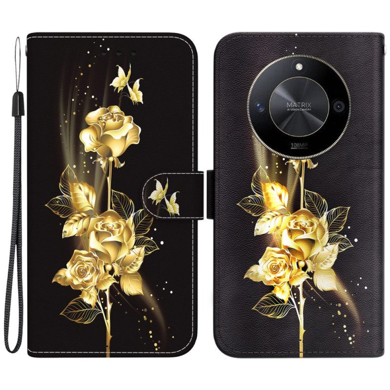 Lederhüllen Honor X9b / Magic 6 Lite Handyhülle Goldene Schmetterlinge Und Rosen