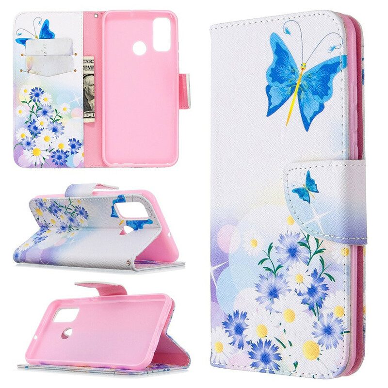 Flip Case Für Huawei P Smart 2020 Bemalte Schmetterlinge Und Blumen