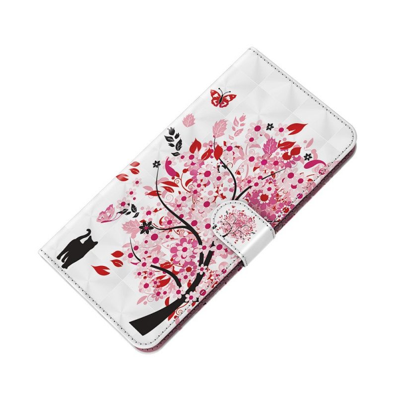 Flip Case Für Moto E40 / E30 / E20 Rosa Baum Und Schwarze Katze