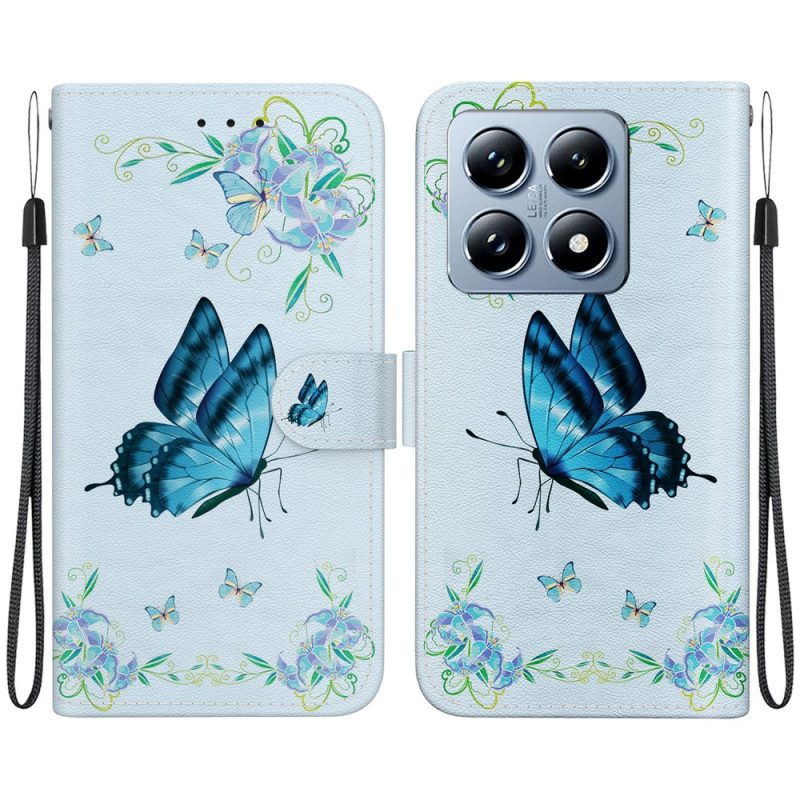 Lederhüllen Xiaomi 14t Handyhülle Blauer Schmetterling Und Blumen