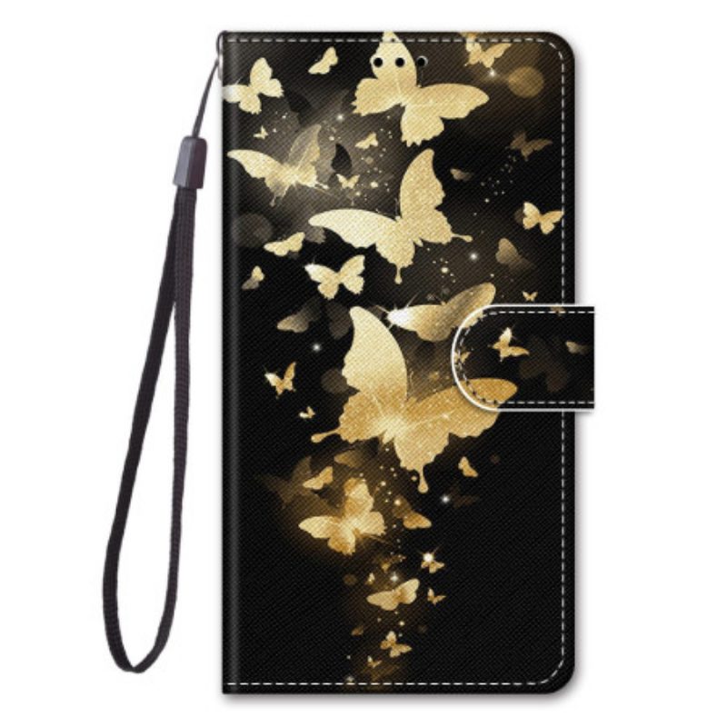 Flip Case Für Xiaomi Redmi 10A Mit Kordel Goldene Schmetterlinge Mit Riemen