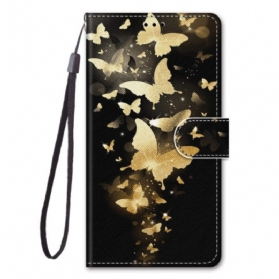 Flip Case Für Xiaomi Redmi 10A Mit Kordel Goldene Schmetterlinge Mit Riemen