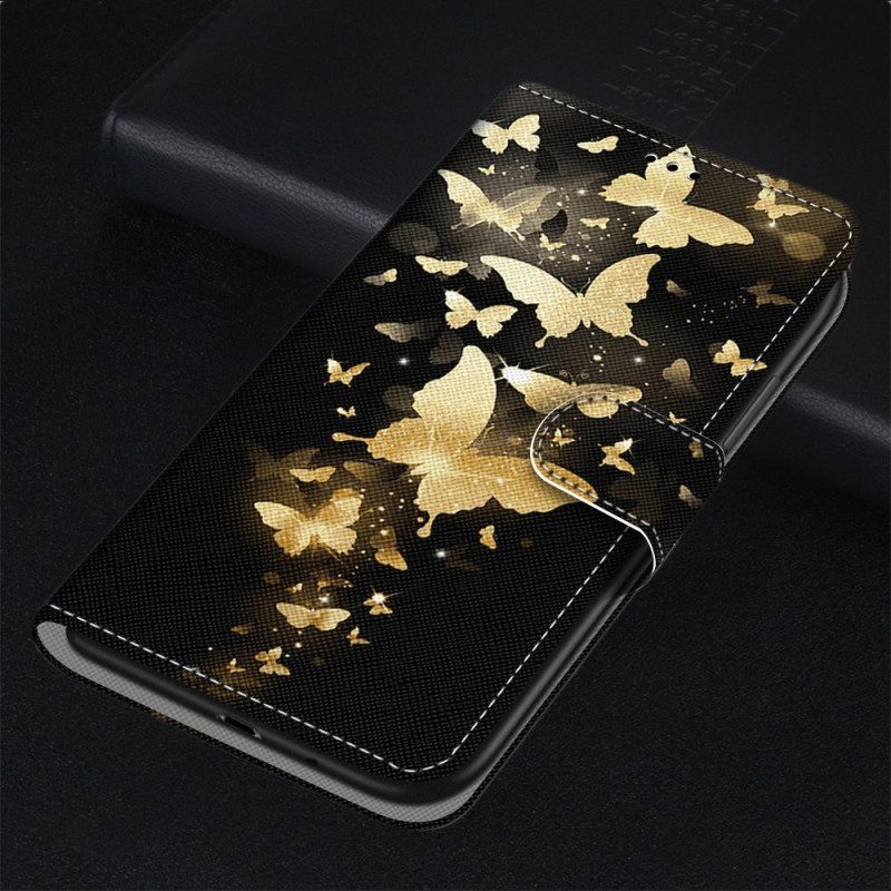 Flip Case Für Xiaomi Redmi 10A Mit Kordel Goldene Schmetterlinge Mit Riemen