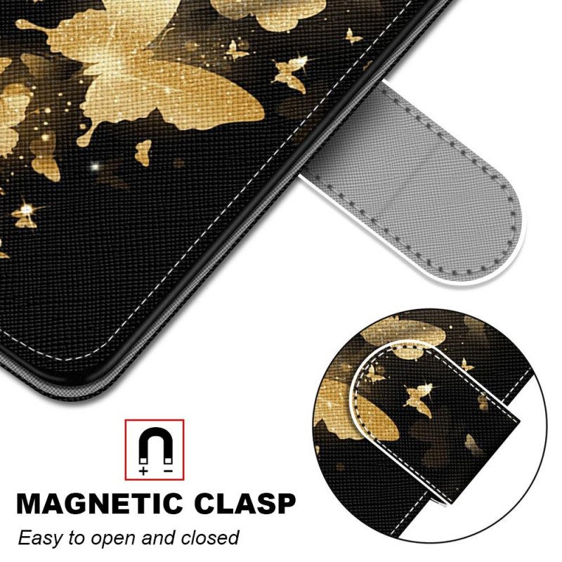 Flip Case Für Xiaomi Redmi 10A Mit Kordel Goldene Schmetterlinge Mit Riemen