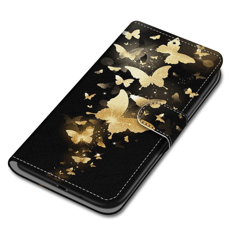 Flip Case Für Xiaomi Redmi 10A Mit Kordel Goldene Schmetterlinge Mit Riemen