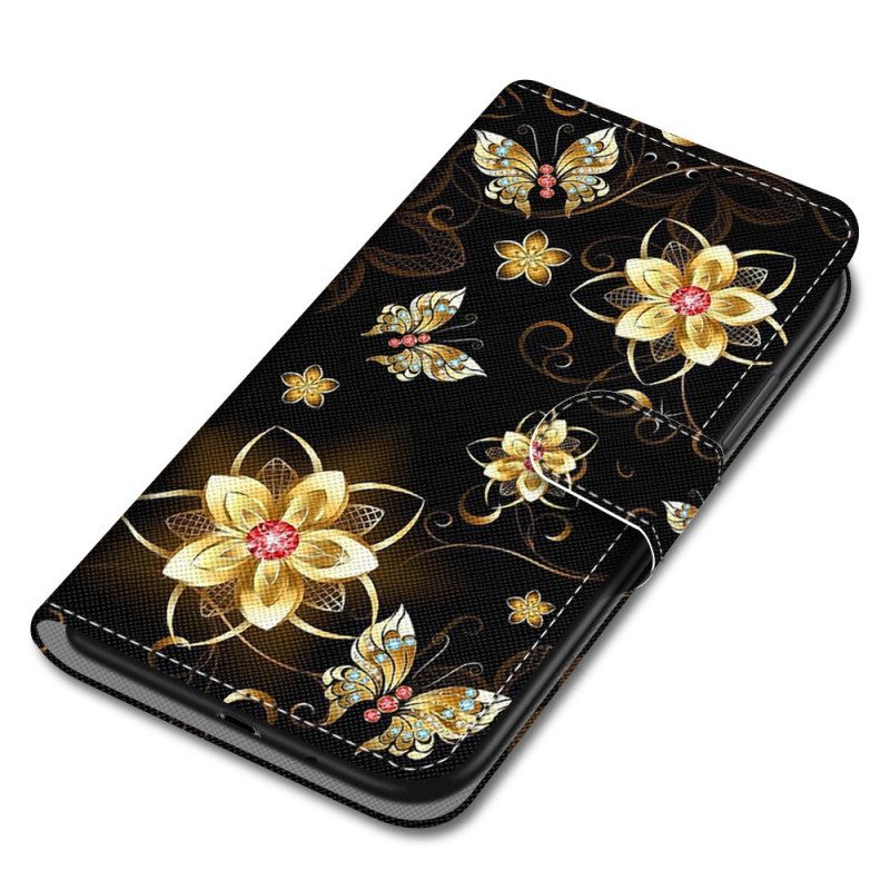 Lederhüllen Für Xiaomi Redmi 10A Mit Kordel Goldene Riemenblumen