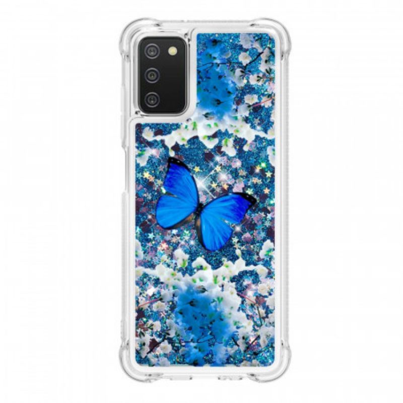 Handyhülle Für Samsung Galaxy A03s Glitzernde Blaue Schmetterlinge