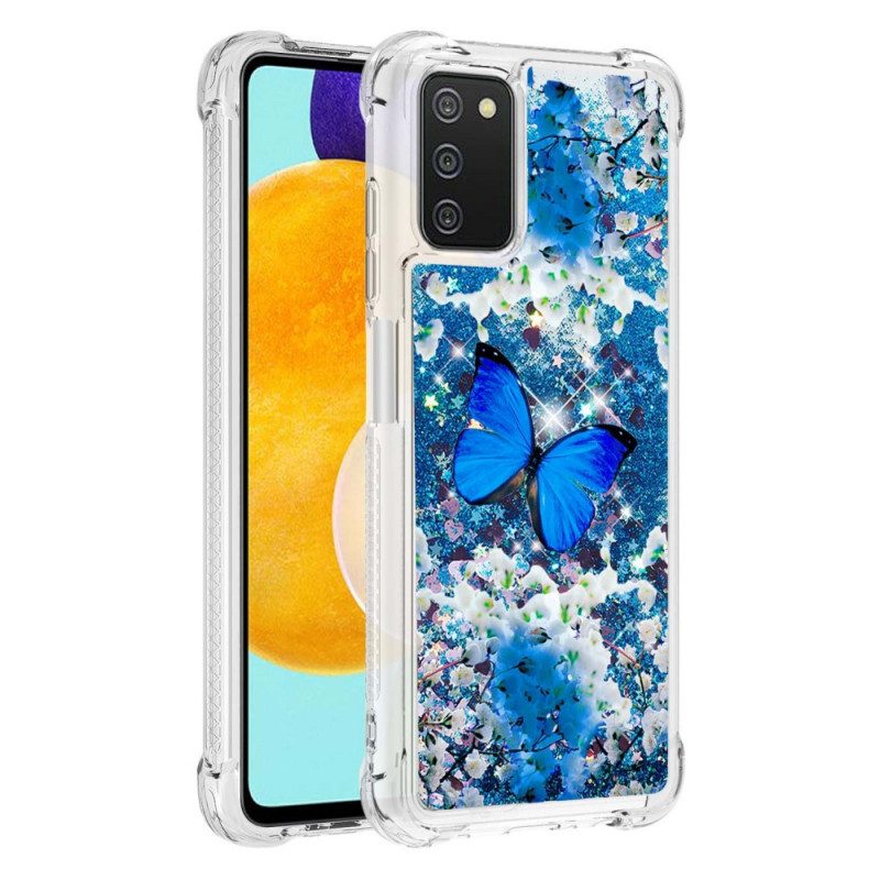 Handyhülle Für Samsung Galaxy A03s Glitzernde Blaue Schmetterlinge