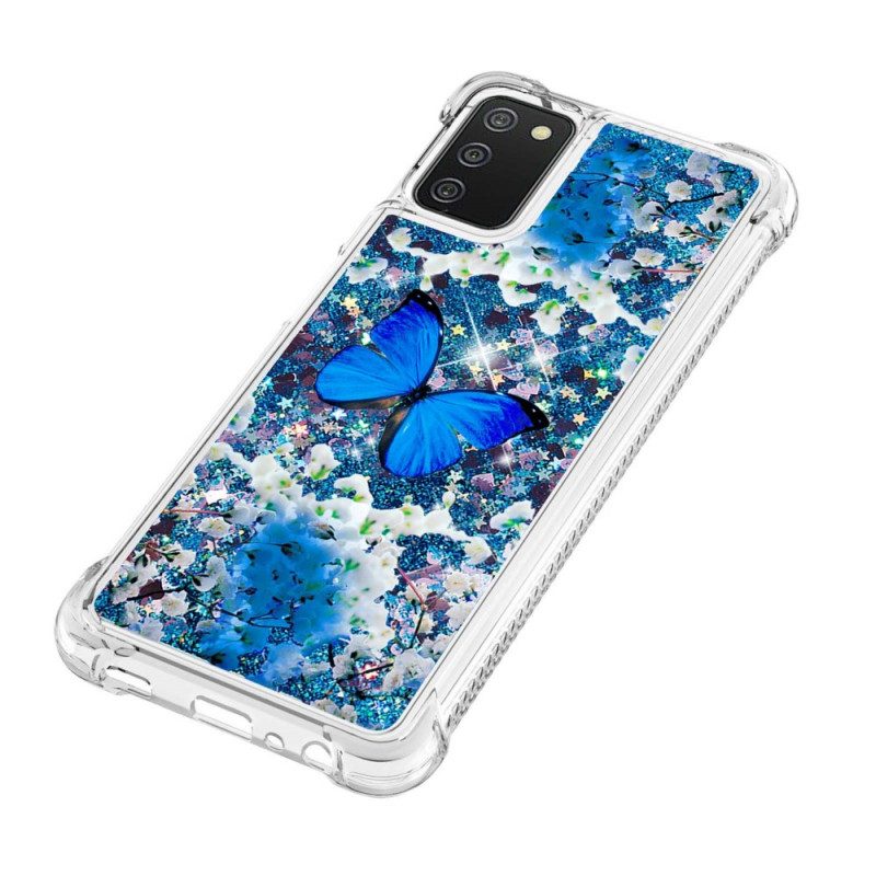 Handyhülle Für Samsung Galaxy A03s Glitzernde Blaue Schmetterlinge