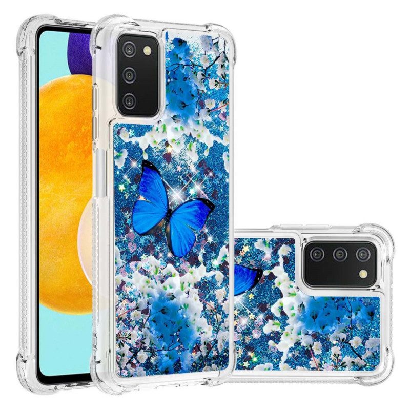 Handyhülle Für Samsung Galaxy A03s Glitzernde Blaue Schmetterlinge