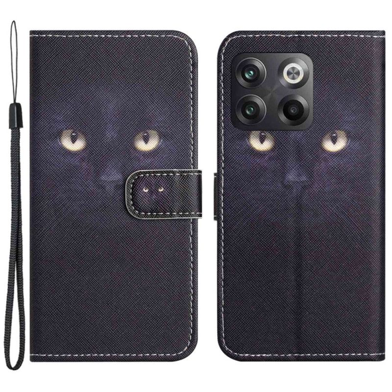 Flip Case Für OnePlus 10T 5G Mit Kordel Schwarze Katze Mit Riemen