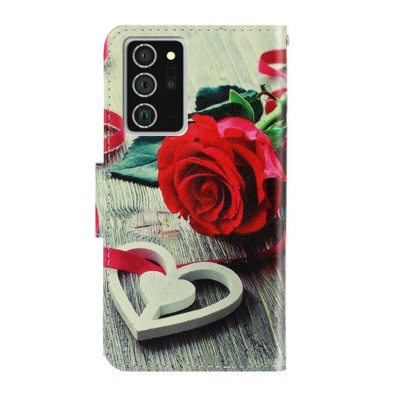 Flip Case Für Samsung Galaxy Note 20 Mit Kordel Romantische Rose Mit Riemen