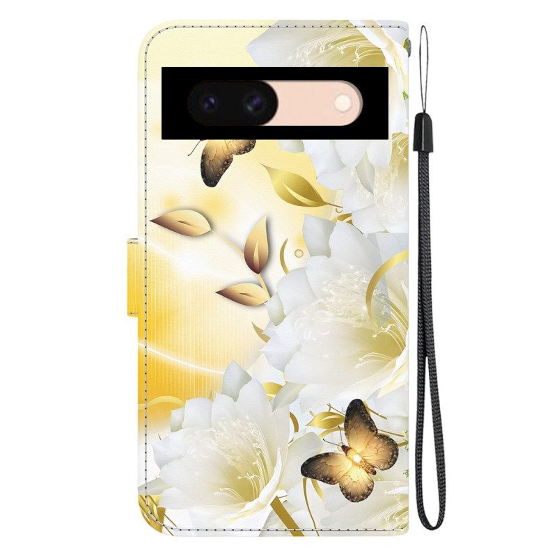 Lederhüllen Für Google Pixel 8a Goldene Schmetterlinge Und Weiße Blumen Mit Riemen