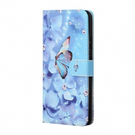 Lederhüllen Google Pixel 8a Handyhülle Blaue Blumen Und Schmetterlinge Mit Riemen