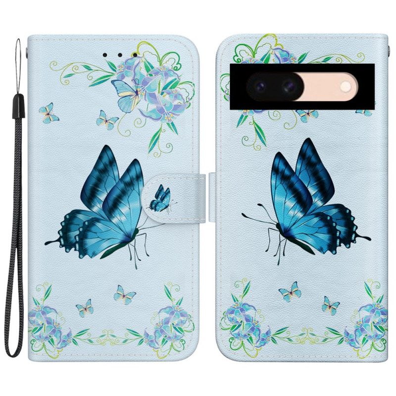 Lederhüllen Google Pixel 8a Handyhülle Blaue Schmetterlinge Und Blumen Mit Riemen