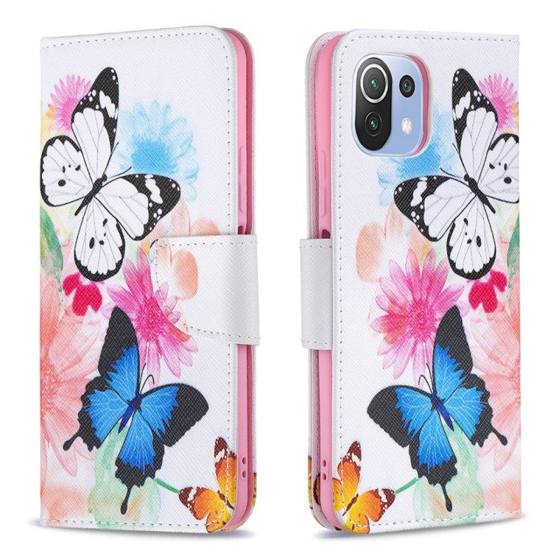 Flip Case Für Xiaomi Mi 11 Lite 4G / 5G / 5G NE Bemalte Schmetterlinge Und Blumen