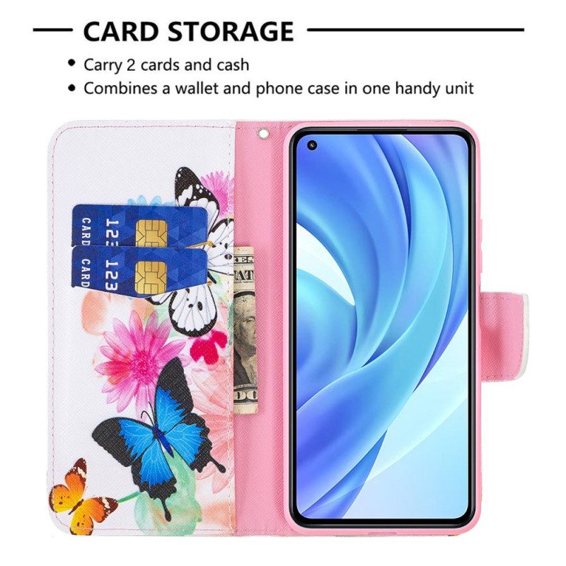 Flip Case Für Xiaomi Mi 11 Lite 4G / 5G / 5G NE Bemalte Schmetterlinge Und Blumen