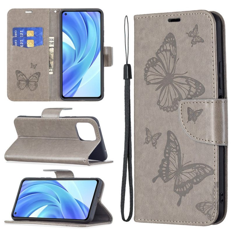 Flip Case Für Xiaomi Mi 11 Lite 4G / 5G / 5G NE Mit Kordel Riemchen Mit Schmetterlingen-print