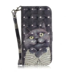 Flip Case Für Xiaomi Redmi Note 9 Mit Kordel Graue Katze Mit Riemen