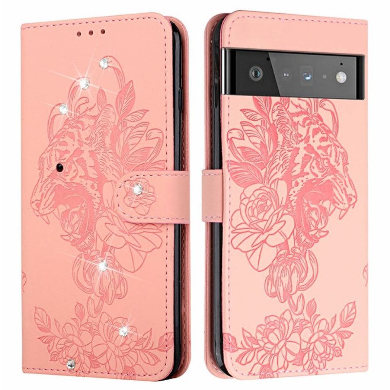 Flip Case Für Google Pixel 6 Pro Barocker Tiger Und Strass